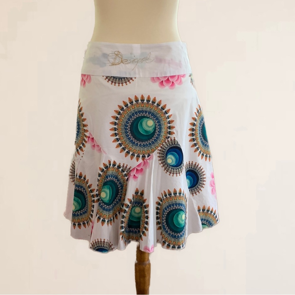 Desigual Skirt Printed Pattern Lined Lace Trim Side Zip  EU Size 40 Us Size 12